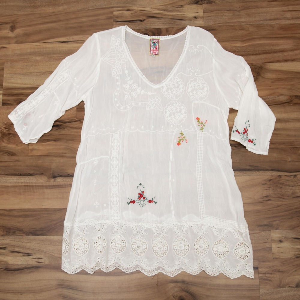 Johnny Was XL White Embroidered Eyelet Lace Peasant Dress Boho Chic CottageCore